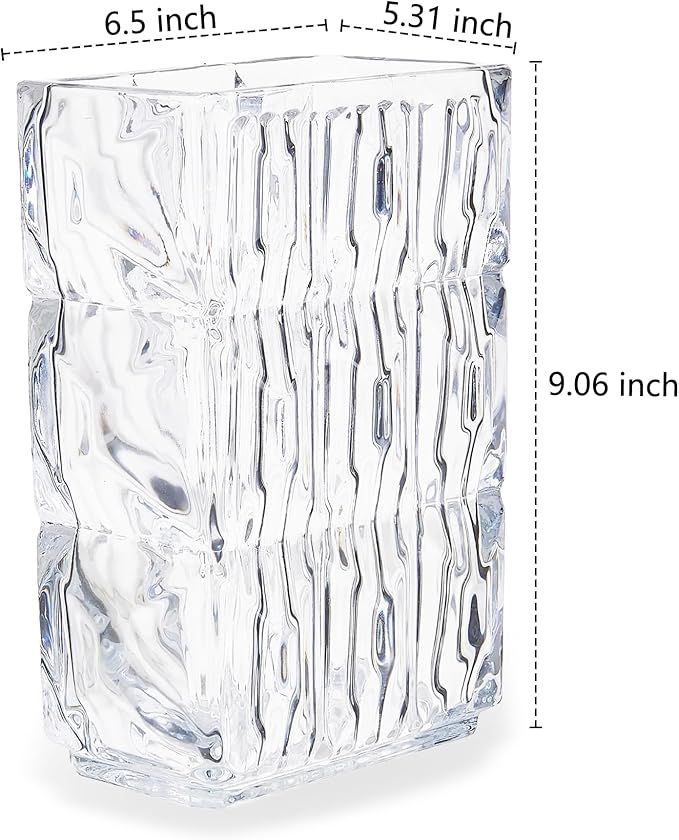 VECELO Crystal Glass Vase - Textured Clear Flower Vase for Fresh Flowers & Hydroponic Plants, Modern Decorative Centerpiece for Dining Table, Coffee Table & Home Décor, 9.06 Inches