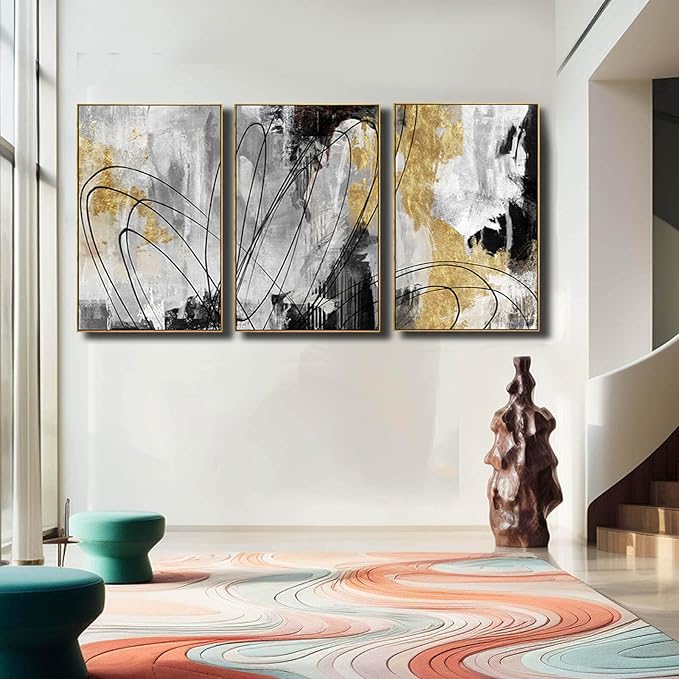YJYart Gold Wall Art Abstract Wall Art Living Room Decor Black and White Canvas Picture Home Decor Wooden Frame Line Paintings Modern Artwork Office Decor 24"x 36"x 3 Pieces