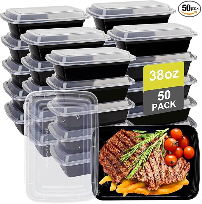 Meal Prep Containers 38oz 50 Pack Plastic To Go Food Containers, Disposable To Go Containers with Lids BPA Free, Microwave/Dishwasher/Freezer Safe