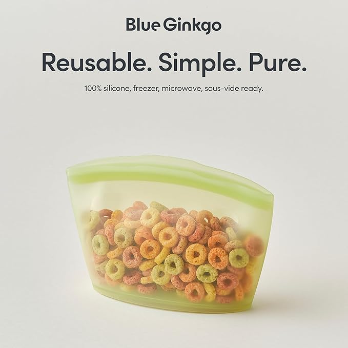 Blue Ginkgo Reusable Silicone Storage Bags – 3-Pack | Korean-Made Stand Up Food, Freezer Bags - Olive Green