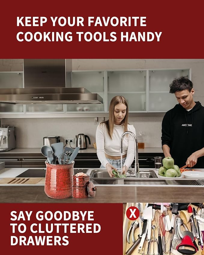 Hasense Kitchen Utensil Holder for Countertop, 7.1” Large Ceramic Utensil Crock, Utensil Caddy, Utensil Organizer and Rustic Table Decor for Spatulas, Red