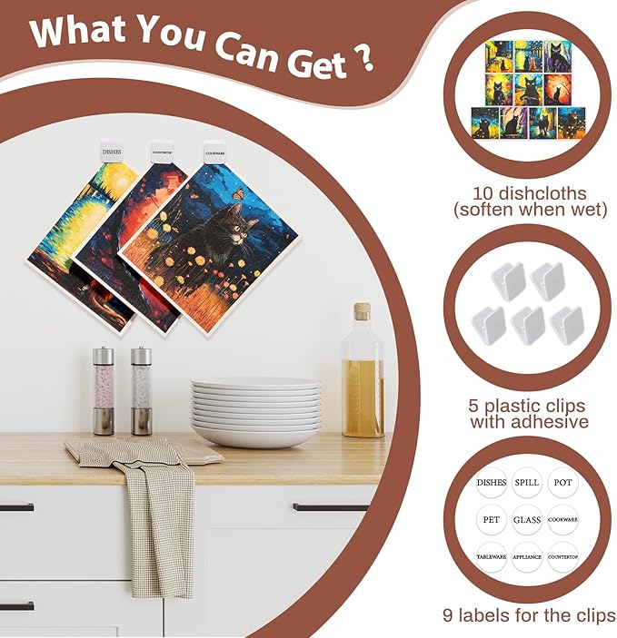 Lucomb 10 Pack Swedish Dishcloth Cellulose Sponge Cloths Bulk, Reusable Absorbent Kitchen Towels Dish Cloths Set Quick Drying Washable for Dishes Counters