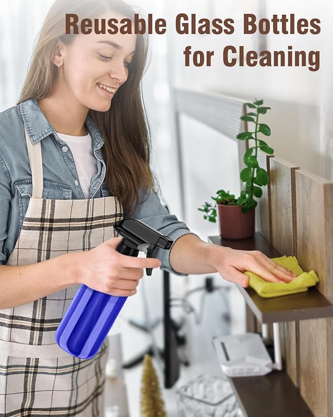 Glass Spray Bottle, Blue Glass Spray Bottle Set & Accessories Refillable for Plants Window Cleaners Aromatherapy Facial Hydration Watering Flowers Hair Care (2 Pack/8 oz) (Blue)