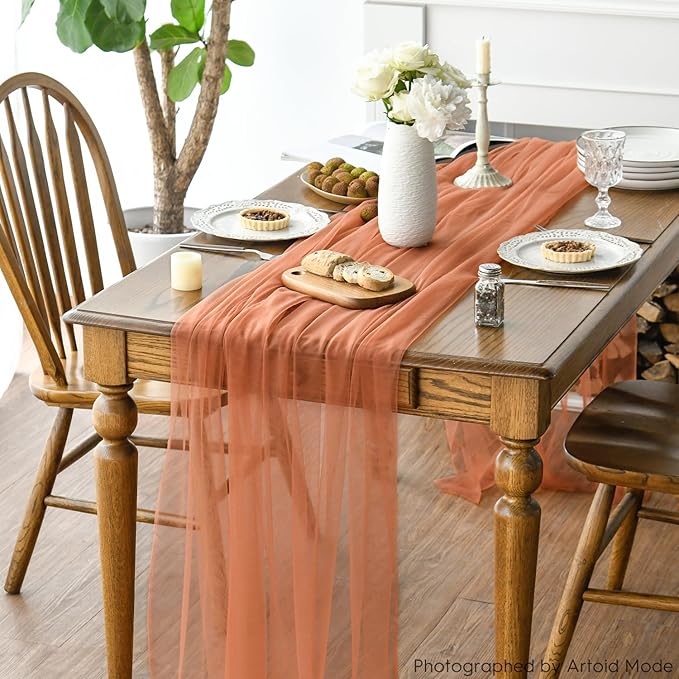 Artoid Mode 6PCS Terracotta Gauze Table Runner 120 Inch 10FT, Seasonal Sheer Kitchen Dining Holiday Wedding Birthday Baby Shower Table Decor for Home Party