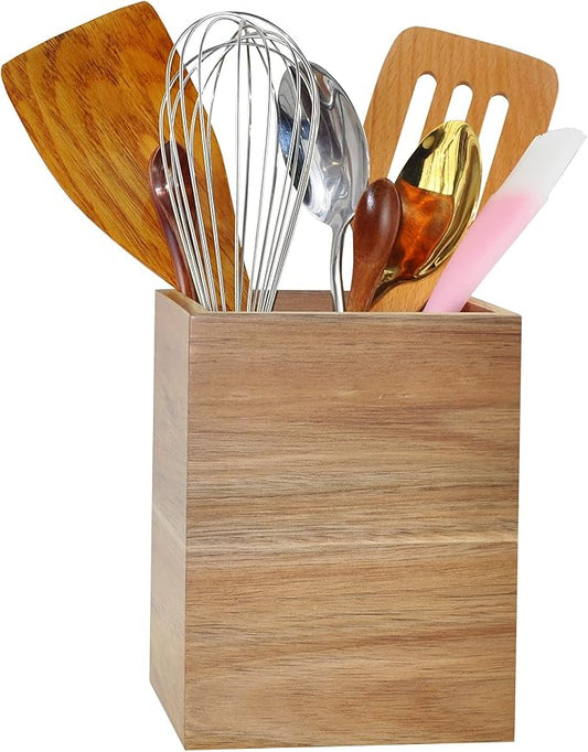 Spiretro Acacia Wood Kitchen Utensil Holder & Organizer – Countertop Cutlery Storage for Cooking Utensils, Spoons, Spatulas, Forks, Whisks & Knives – Lead-Free Lacquer, 5" W x 5" D x 6.5" H