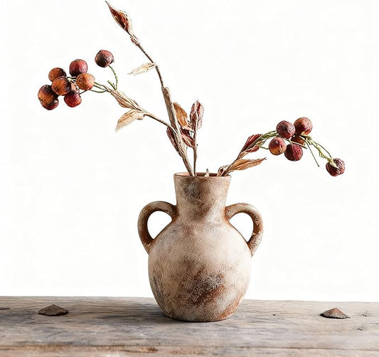 7.1-Inch Terracotta Ceramic Flower Vase with Handles, Rustic Farmhouse Boho Pottery Decor for Table, Living Room & Shelf
