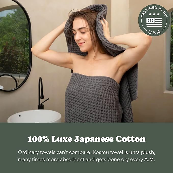 Luxury Japanese Cotton Waffle Bath Towel | Plush, Absorbent, and Quick Dry | Spa, Retreat, Onsen, Hotel Towel | Free Storage Bag Included (Smoke Grey, Bath Sheet, 67" x 34")