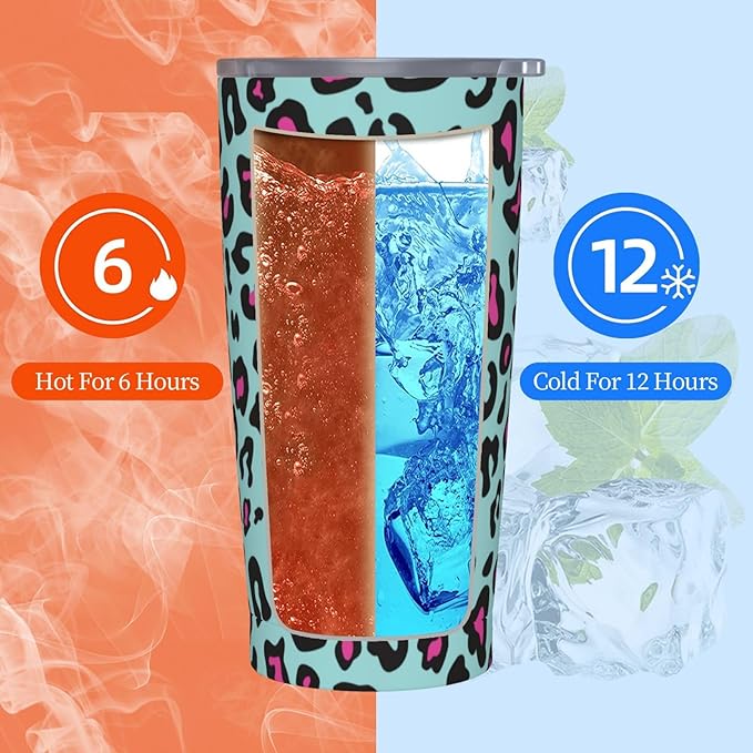 Blue Pink Leopard Tumbler,Leopard 20oz Stainless Steel Insulated Travel Tumblers,Travel Coffee Mug with Lid and Straw Water Bottle Drink Tumbler Cups Gifts for Women Men Lovers
