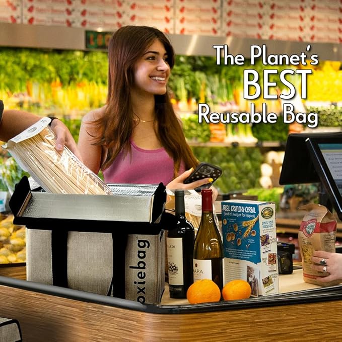 Reusable Grocery Bag (Single) – Durable Reusable Shopping Bag Box. Insulate, Stand Up, Stay Open, Fold Flat – Large Tote Bag with Long Handles & Reinforced Bottom. 2 Year Warranty.