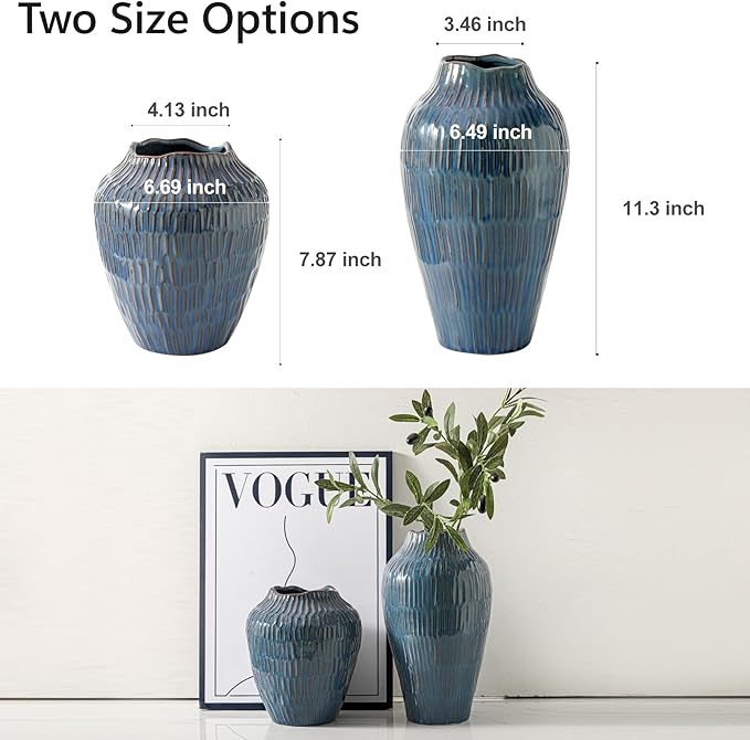 Blue Ceramic Vase for Home Decor,7.8 Inch Flower Vases，Decorative Vase for Pampas Grass，Modern Art Texture Vases for Home Entryway Living Room Dining Table Farmhouse Office Decor- Blue