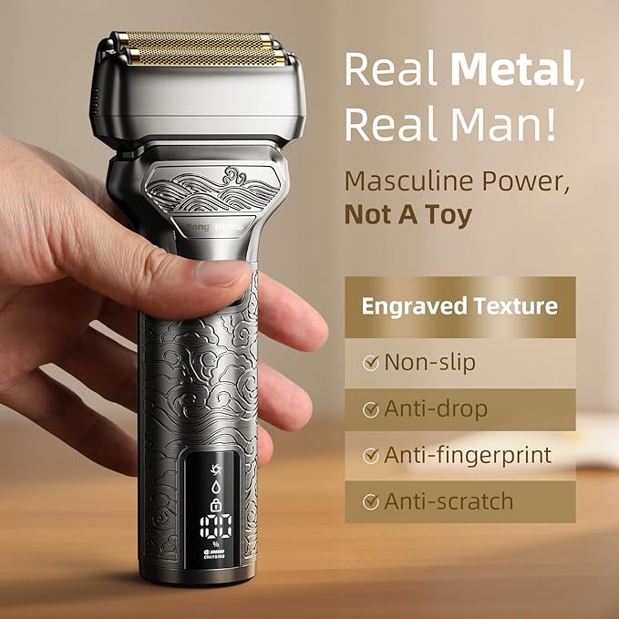 Electric Razor for Men: Rechargeable Foil Shaver with Push-Up Trimmer for Face - Cordless Wet/Dry/Anti-Slip Waterproof Shavers with LED Display - Metal Handheld Design, Light Gray Upgraded