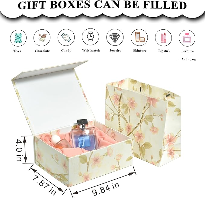 Luxury Gift Box with Magnetic Lid, Finished Size 9.8×7.9×4 In,Collapsible Rectangle Storage Box with Gift Bag for Wedding,Birthday, Party,Christmas,Valentine's Day
