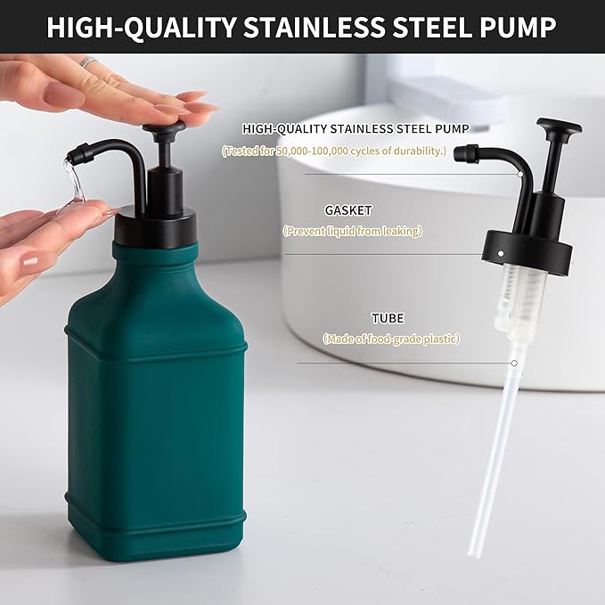 Enra Glass Soap Dispenser with Clear Window,12oz Matte Stainless Steel Hand Pump Dispenser,Hand and Liquid Soap Dispenser Rust Proof Countertop Lotion Bottle (Green-Square-Liquid)