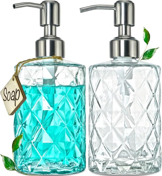 JASAI 2Pack Diamond Embossed Glass Soap Dispenser with 304 Rustproof Stainless Steel Pump, 12 OZ Bathroom soap Dispenser with A Wooden Tag, Elegant Hand Soap Dispenser for Bathroom & Kitchen