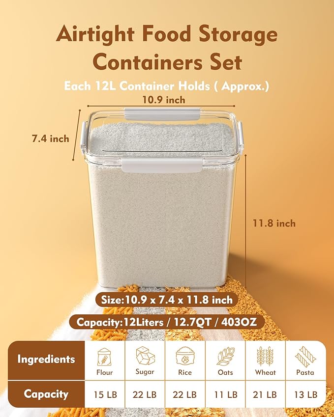 Flour Sugar Storage Containers Set of 3(12L/403oz)(10L/336oz) (6L/201oz),Clear Extra Large Food Storage Containers with Lids for Cereal,Flour,Sugar,Rice,BPA Free & Airtight Kitchen Pantry Organization