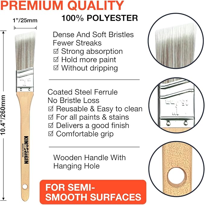 King Origin 6 Pcs Paint Brushes, 1 Inch Angled Paint Brush - Wood Handle, Thick & Dense Bristles for Smooth Finish, Small Paint Brush for Painting Walls, Trim, Art & Craft