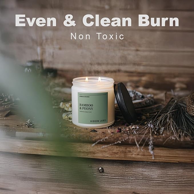 Hidden Label Bamboo Peony Scented Candle, 12oz 2 Wick Natural Soy Non Toxic Candles, Clean Burning Long Lasting Aromatherapy for Home | Gifts | Décor,Premium Scents for Relaxation & Stress Relief