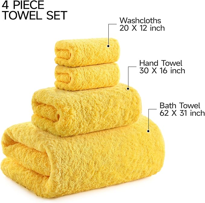REDKISS Luxury Bath Towel Set of 4, 100% Cotton 900 GSM Premium Bathroom Towels, Ultra Soft, Highly Absorbent & Quick Dry Bath Sheets, No Shedding, Hotel & Home Spa Towel Sets for Adults - Yellow