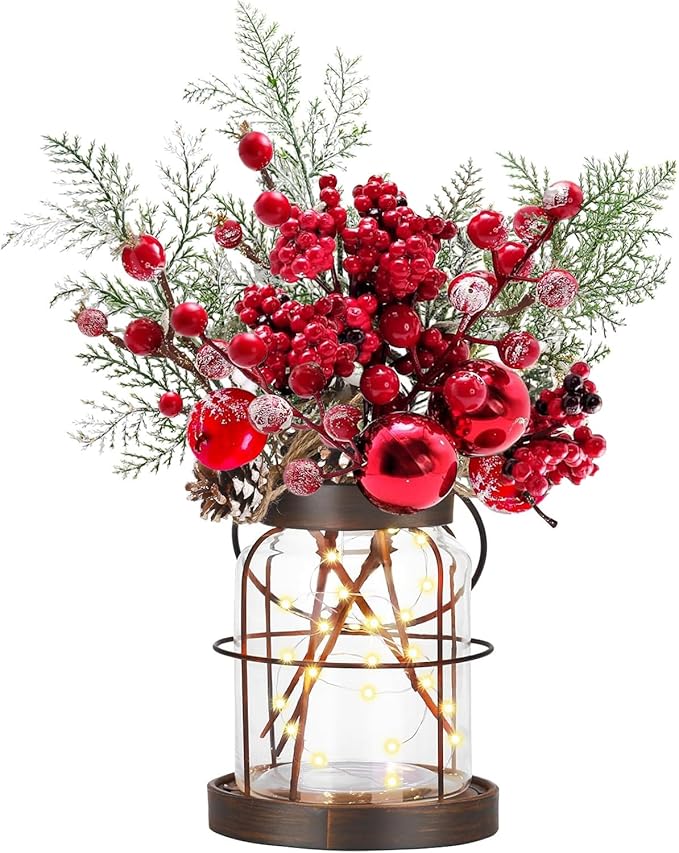 Rustic Vintage Glass Farmhouse Vase with LED Lights, Christmas Home Decor for Winter with Red Berry & Pine Cones, Farmhouse Vase for Decor, Home Decor Floral Arrangement Gift
