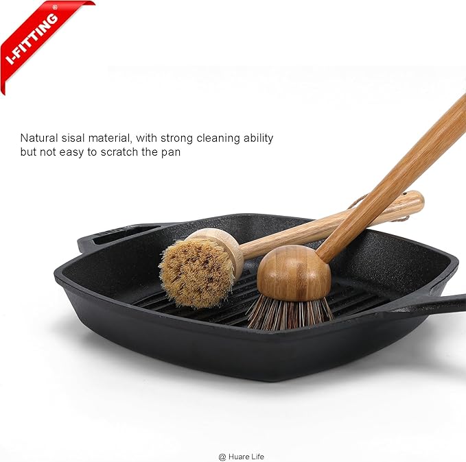 Bamboo Dish Scrubber, Dish Brushes with Bamboo Handle, Wooden Cleaning Scrubbers Stiff Bristles for Washing Kitchen Cast Iron Pan Pot, Kitchen Cleaning Set