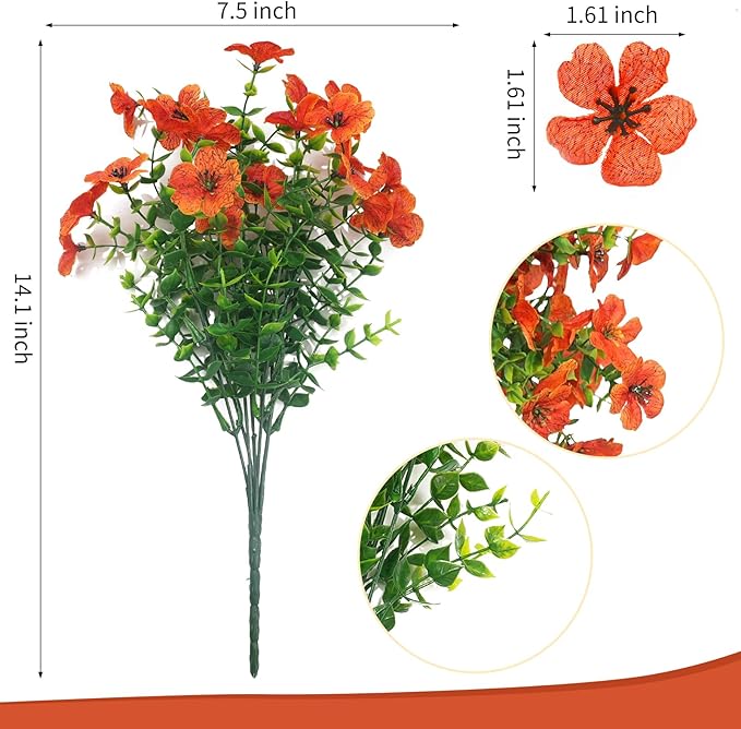 20 Bundles Artificial Flowers for Outdoors‌ with 6 Faux Butterflies, UV Resistant Fake Flowers‌ with Eucalyptus Leaves, Artificial Plants Outdoor‌ for Patio Garden Porch Home Decor (Orange)