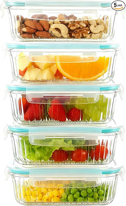 5-Packs, 36 Oz Glass Meal Prep Containers with Snap Locking Lids Glass Food Containers,Airtight Lunch Container,Microwave, Oven, Freezer and Dishwasher