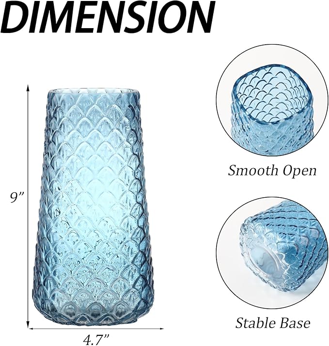 Glass Vase, Blue Flower Vase for Bouquet, Large Glass Vases for Flowers, Modern Vases for Living Room, Bedroom, Dining Table, Office, Kitchen, Wedding, 9 Inches