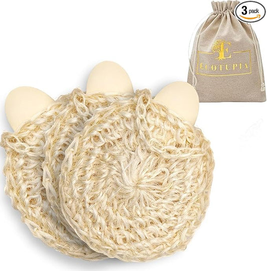 Natural Handwoven Sisal Loofah Body Scrubber - Organic Shower Sponge Made from Premium Agave Fibers - Arabic-Turkish Style with Bar Soap Pouch - Natural Body Scrubber for Men & Women (3-Pack)