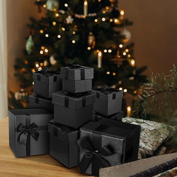 Tenceur 10 Pcs Gift Boxes with Lids Heavy Duty Nested Assorted Sizes Cardboard Gift Boxes for Presents with Ribbon for Xmas Holiday Present(Black,10 Size)