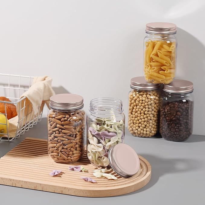 novelinks 16 oz Clear Plastic Jars with Screw-On Lids - BPA-Free Refillable Storage Containers for Slime, Food, Crafts, Kitchen & Household Use (20 Pack,Rose Gold)