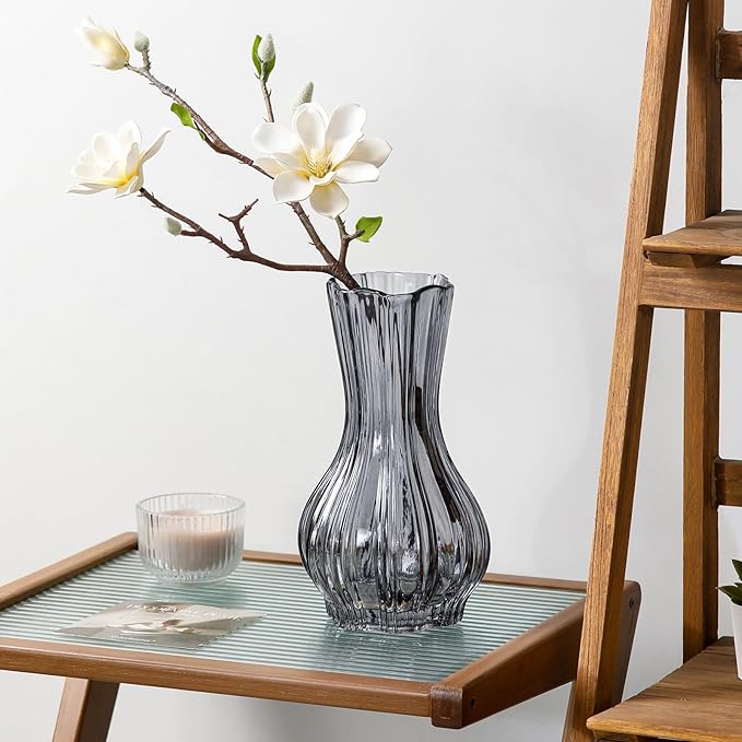 8" Decorative Modern Flower Vase with Twine Rope for Floral Arrangements, Wide Mouth Large Clear Glass Vase for Bouquet(Transparent) (Grey, 01)