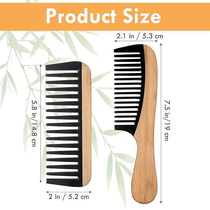 Bamboo Wide Tooth Comb Set, 2 Pcs Natural Handmade Bamboo Wooden Wide Tooth Comb for Women, Anti-Static for Thick Wet Wavy Hair Women Men