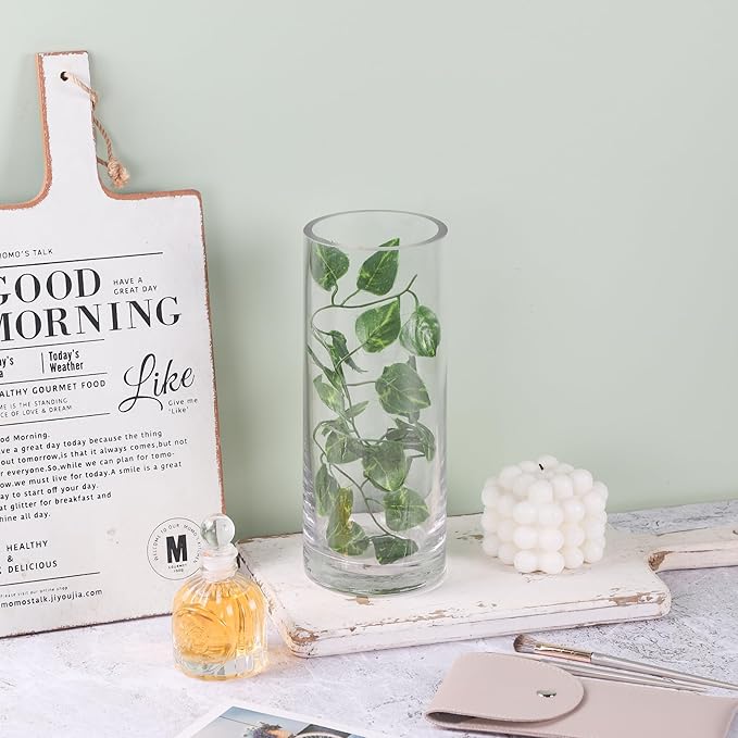 4" Wide 10" High Large Hand Blown Sturdy Clear Cylinder Glass Vase, Centerpiece Flower Vase for Rose, Tulip, Boquets, Hurricane Candle Holder (1, 4"x10")