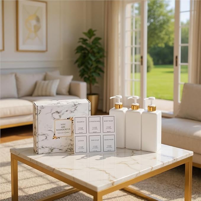 Modern Gold Design Large 27 oz Shampoo and Conditioner Dispensers - Empty Plastic Refillable Pump Bottle Set for Bathroom Shower Soap Dispenser, Gift Box Included, Set of 3 (White)