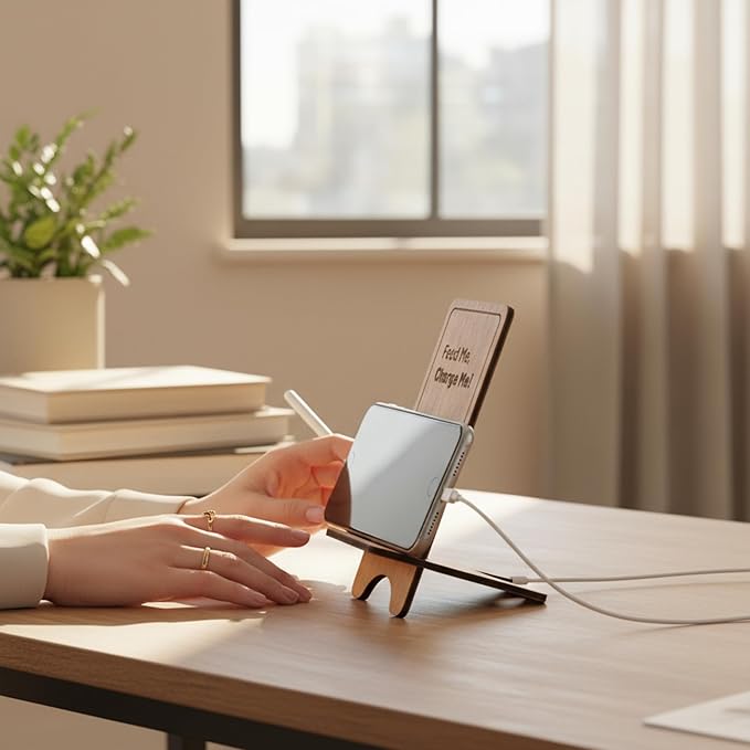 Design Your Own Phone Stand Personalized Wooden Holder Custom Pet Name Engraved Handmade Desk and Home Accessory Gift (Feed me Charge me)