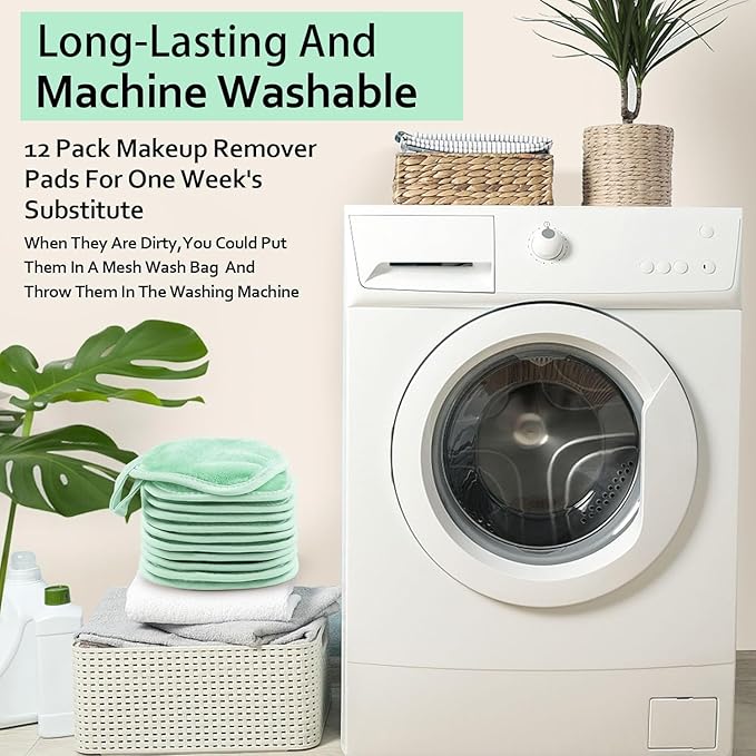 HOMEXCEL Makeup Remover Cloth 12 Count (Pack of 1), Reusable Makeup Remover Pads, Washable Ultra Soft Facial Cleansing Cloths for All Skin Types, 5 X 5 In, Green