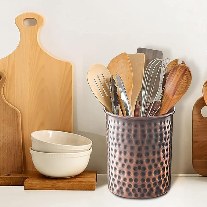 Monarch Abode Hand Hammered Kitchen Utensil Holder for Kitchen Counter, Spatula, and Large or Small Spoon Holder, Decorative Cooking Utensil Crock Organizer for Countertop, Antique Copper Finish
