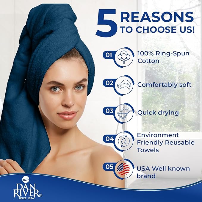 DAN RIVER 8 PC Luxury Bath Towels for Bathroom, 2 Bath, 2 Hand, and 4 Wash Cloths, 600 GSM 100% Ring Spun Cotton Towel Set, Highly Absorbent, Gym, Hotel, and Spa, Blue Opal