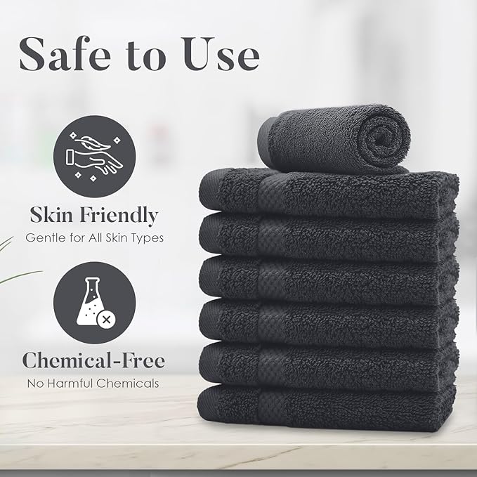 DAN RIVER 12-Pack Premium 100% Cotton Dark Gray Face Towels – Reusable Face Towel Set, Soft & Absorbent Small Wash Cloths for Bathroom & Body – Hand and Face Towels, 550 GSM (12x12 in)