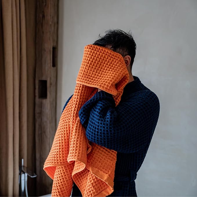 Luxury Japanese Cotton Silk Waffle Bath Towel | Plush, Absorbent, and Quick Dry (Coral Orange, Hand Towel (3 Pack))