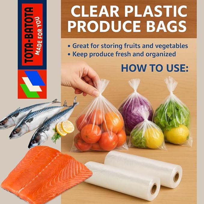 1 Roll (450) – Clear Plastic Produce Bags on a Roll 12" × 20", Premium Food Storage Bags for Kitchen & Commercial Use, Freezer Safe, Strong & Easy Tear, Ideal for Fruits, Vegetables & Meat