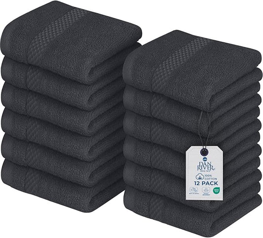 DAN RIVER 12-Pack Premium 100% Cotton Dark Gray Face Towels – Reusable Face Towel Set, Soft & Absorbent Small Wash Cloths for Bathroom & Body – Hand and Face Towels, 550 GSM (12x12 in)