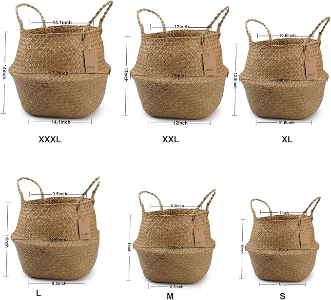 DOKOT Seagrass Plant Basket with Handles, Wicker Woven Storage Basket (8.3inch Diameter x 9inch Height), Natural