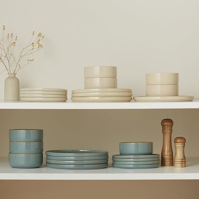 Dinnerware Set, 12 Piece, by Vase and Vessel, Ceramic 10.5”Dinner Plates, 8.2”Salad Plates and 25 oz Soup Bowls, Stoneware, Microwave and Dishwasher Safe, 12 Piece Set, Sage Green, Somerset Collection