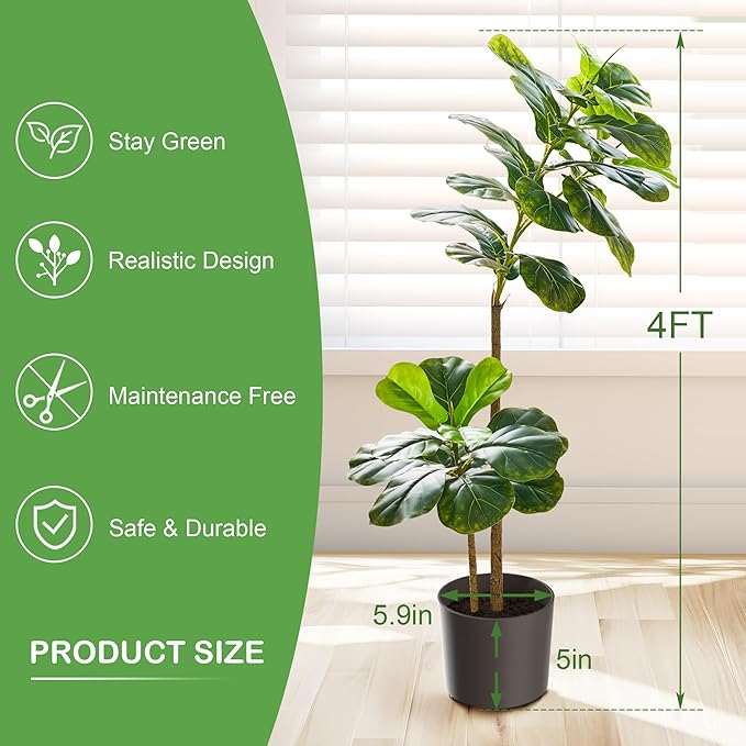 VECELO Artificial Fiddle Leaf Fig Tree 4FT(51in), Tall Fake Floor Plants with Realistic Leaves and Branches in Plastic Pot for Indoor Outdoor Living Room Home Decor