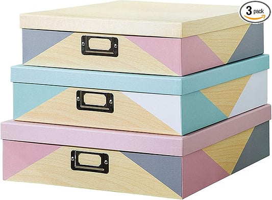 SLPR Decorative Cardboard Storage Boxes With Lids - Set of 3: Paperboard Photo Storage Box, Document Boxes for Organizing and Home Decor, Memory Box For Keepsakes
