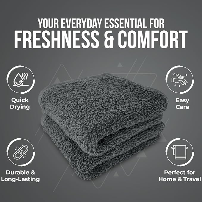DAN RIVER 100% Cotton Wash Cloths 24 Pack [12x12] Soft & Absorbent face wash Cloth, Gym, Hotels & Spa Perfect for Everyday Use Fingertip Towels, Gray