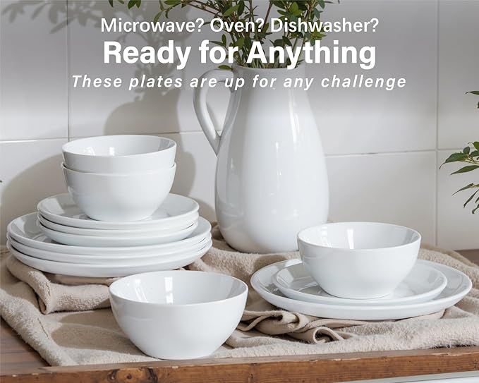 ONEMORE Plates and Bowls Set for 4 - Microwave & Dishwasher Safe Porcelain Dinnerware Set Service for 4 - Ceramic Dishes Set(12 Pcs) - White