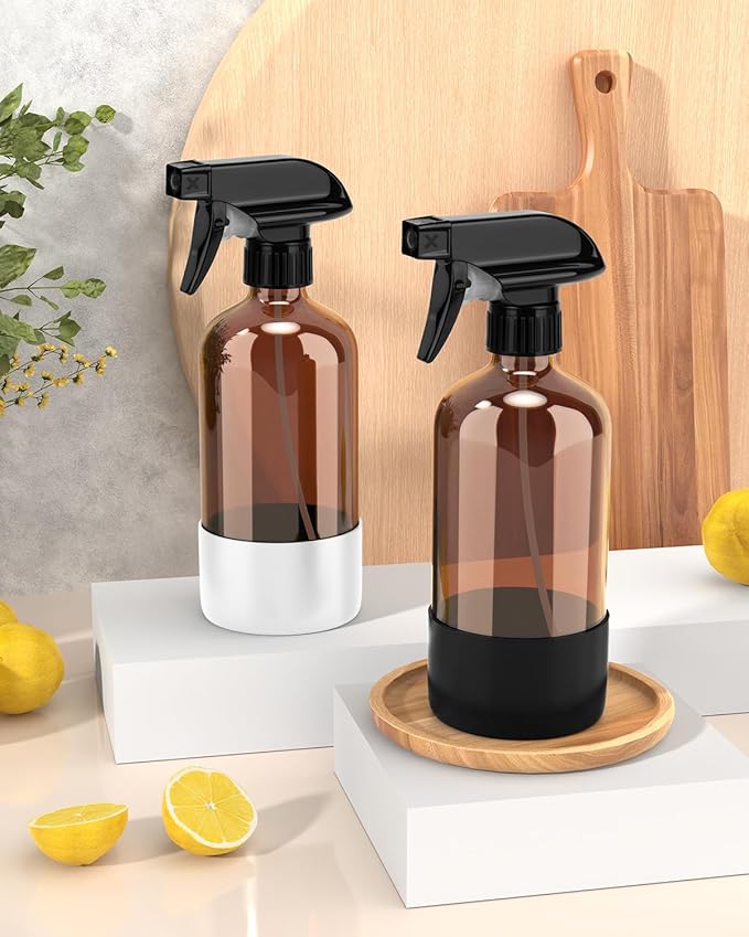 Glass Spray Bottle with Silicone Sleeve Protection, Amber Glass Spray Bottle Set for Window Cleaner Aromatherapy Facial Hydration Watering Flowers Hair Care 2 Pack/16 oz (Black & White, 16 oz)