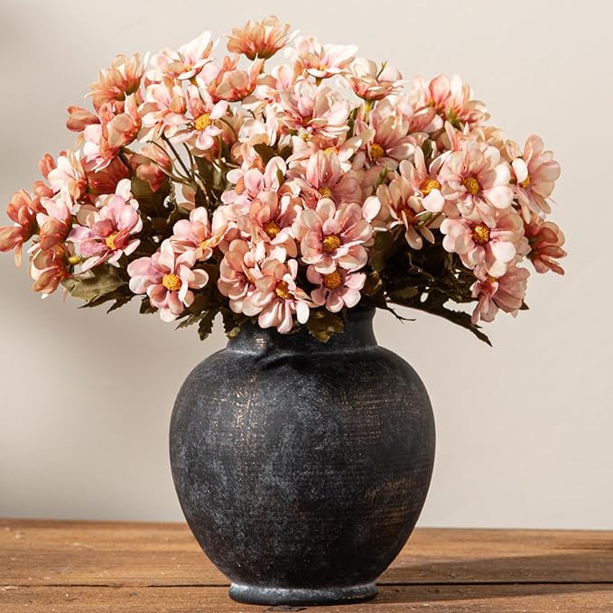 Ceramic Flower Vase, 6.7 Inch Rustic Farmhouse Decorative Vase Pottery Pampas Grass Vases for Home Decor Table Living Room Entryway Mantel Bookshelf Bedroom Bathroom Kitchen - Black